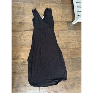 NWOT Loveappella Black V-Neck Empire Waist Maxi Dress Side Slit Minimalist